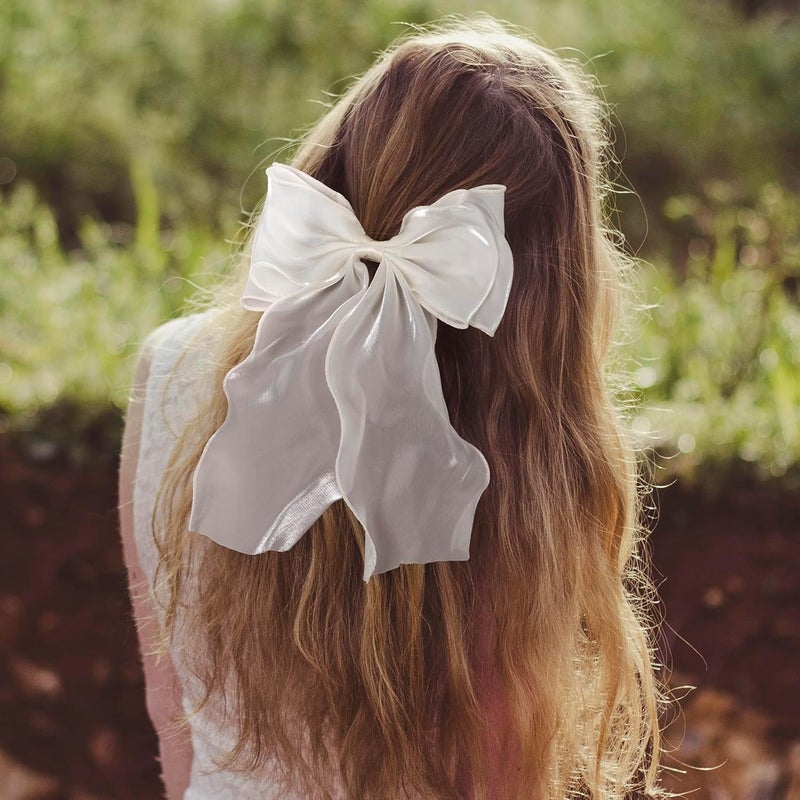 STSTR 2Pcs Large Hair Bow Clips, Blue White Silk Yarn Ribbon Bow Hair Barrette for Women, Elegant Long Tail Bowknot French Hairstyles Accessories for Wedding, Parties, Festivals - Image 5